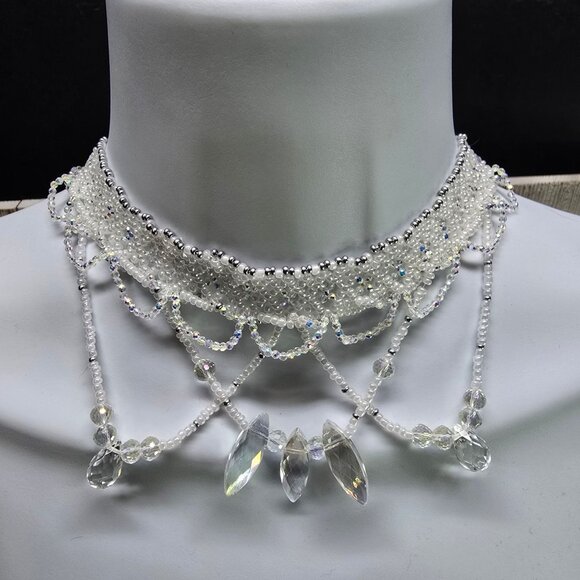 Handmade 925 Sterling Silver Crystal Inspired Glass Necklace Earring Set White - Picture 8 of 14
